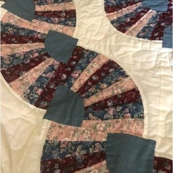 Handmade King Size Amish Fan Quilt Blue Pink Burgundy Roses Floral - Picture 2 of 6